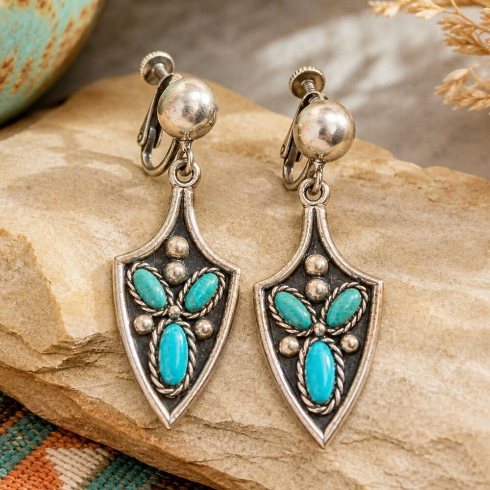 Vintage 1950s Sancrest Faux Turquoise Earrings Southwestern Screw Back Dangle